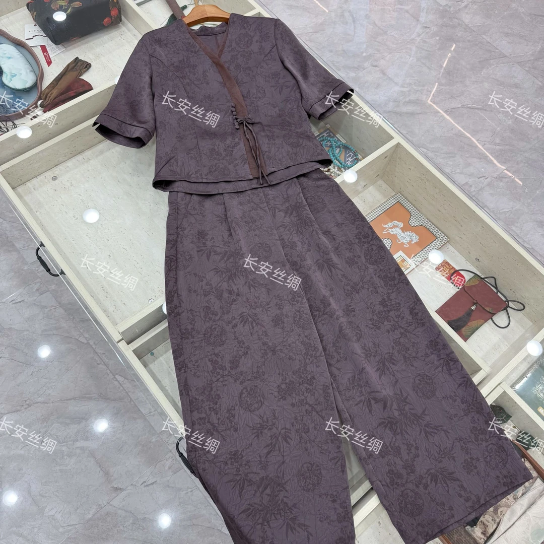 【长安】国风气质流苏提花绸缎上衣+阔腿裤两件套FY493001