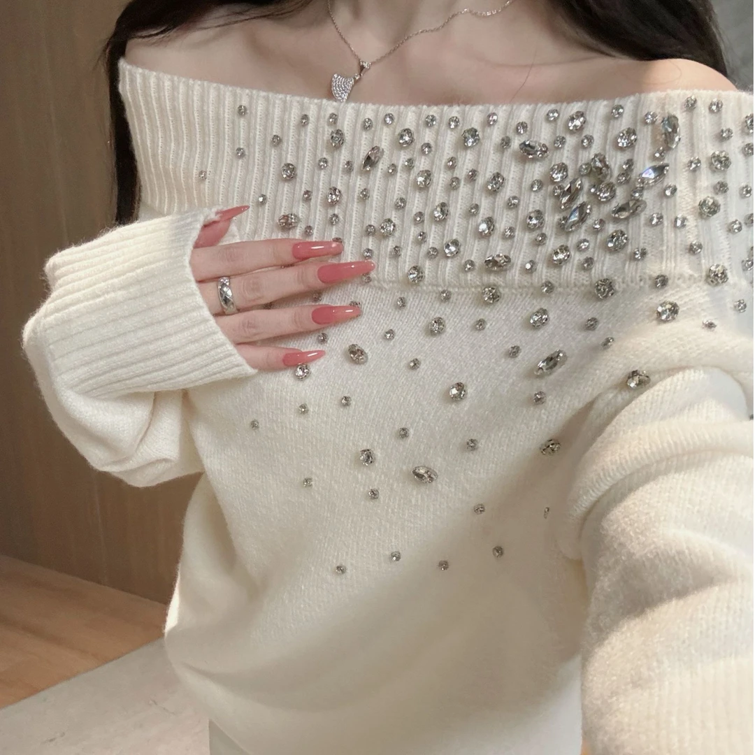 【琉璃碧玉】早秋重工烫钻一字肩纯色宽松法式轻奢百搭针织精致毛衣