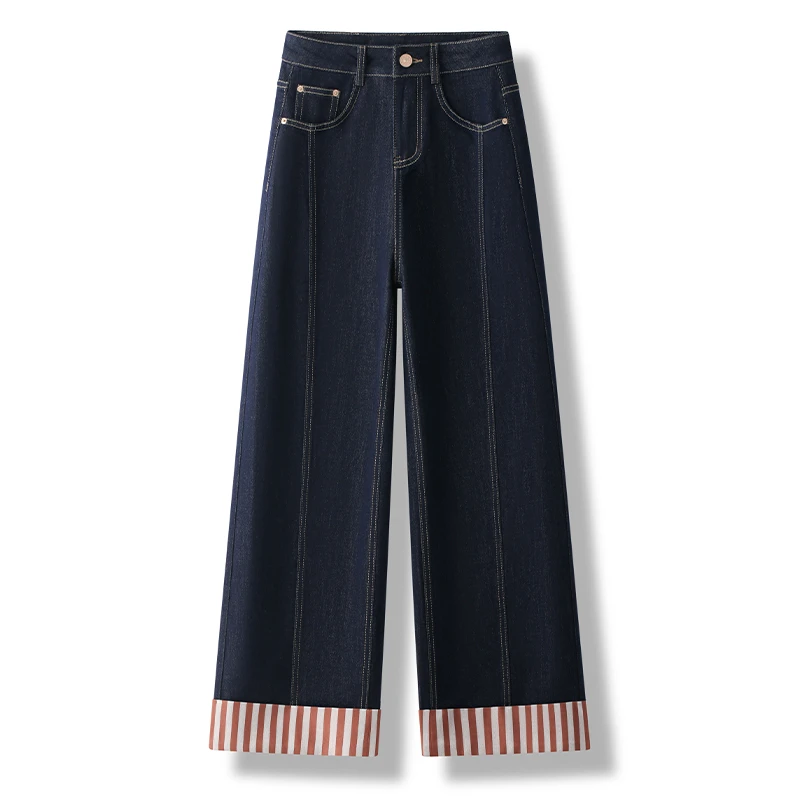 2025新款丹宁蓝阔腿牛仔裤女春季高腰复古小个子九分直筒裤F2001