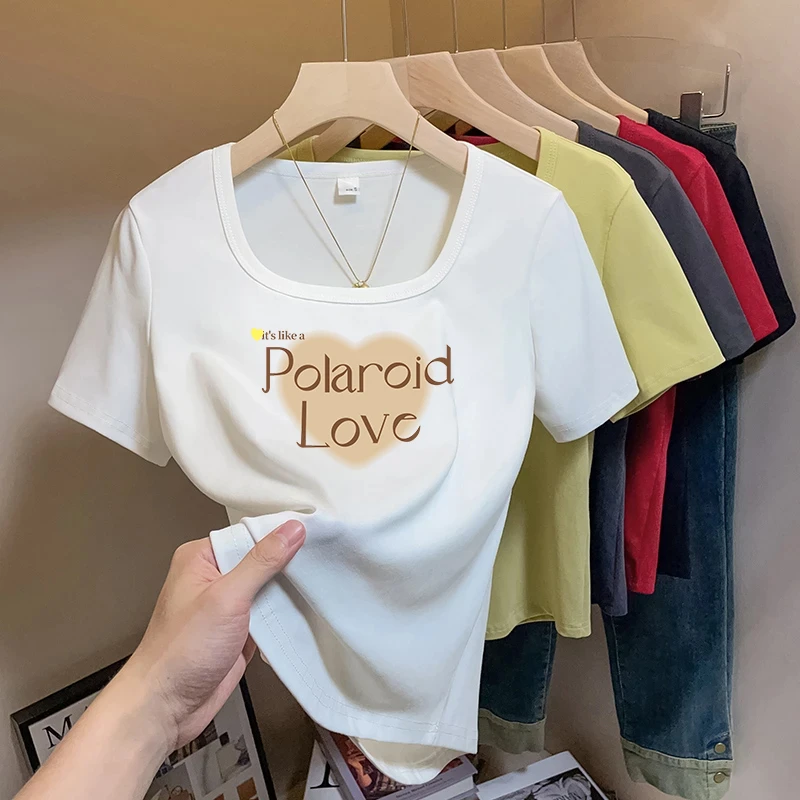 白色正肩方领短袖t恤女夏季弧形下摆洋气显瘦方领百搭上衣服夏装