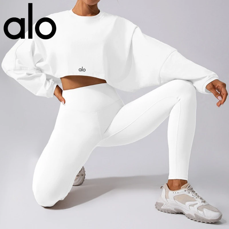 圆领正肩短袖T恤夏季宽松T恤ALO套装运动卫衣女圆领短款透气T恤落