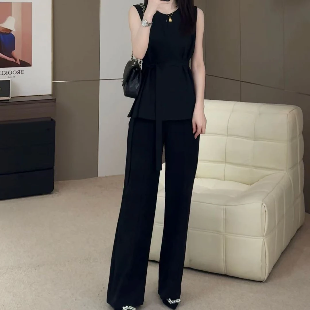 现货2025夏季新款气质优雅休闲显瘦黑色高品气质上衣长裤套装S-XL