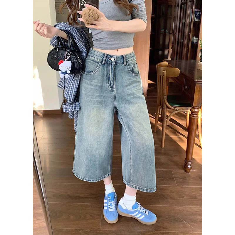 韩版复古水洗八分牛仔裤女2025夏季新款高腰直筒阔腿裤中裤八分裤