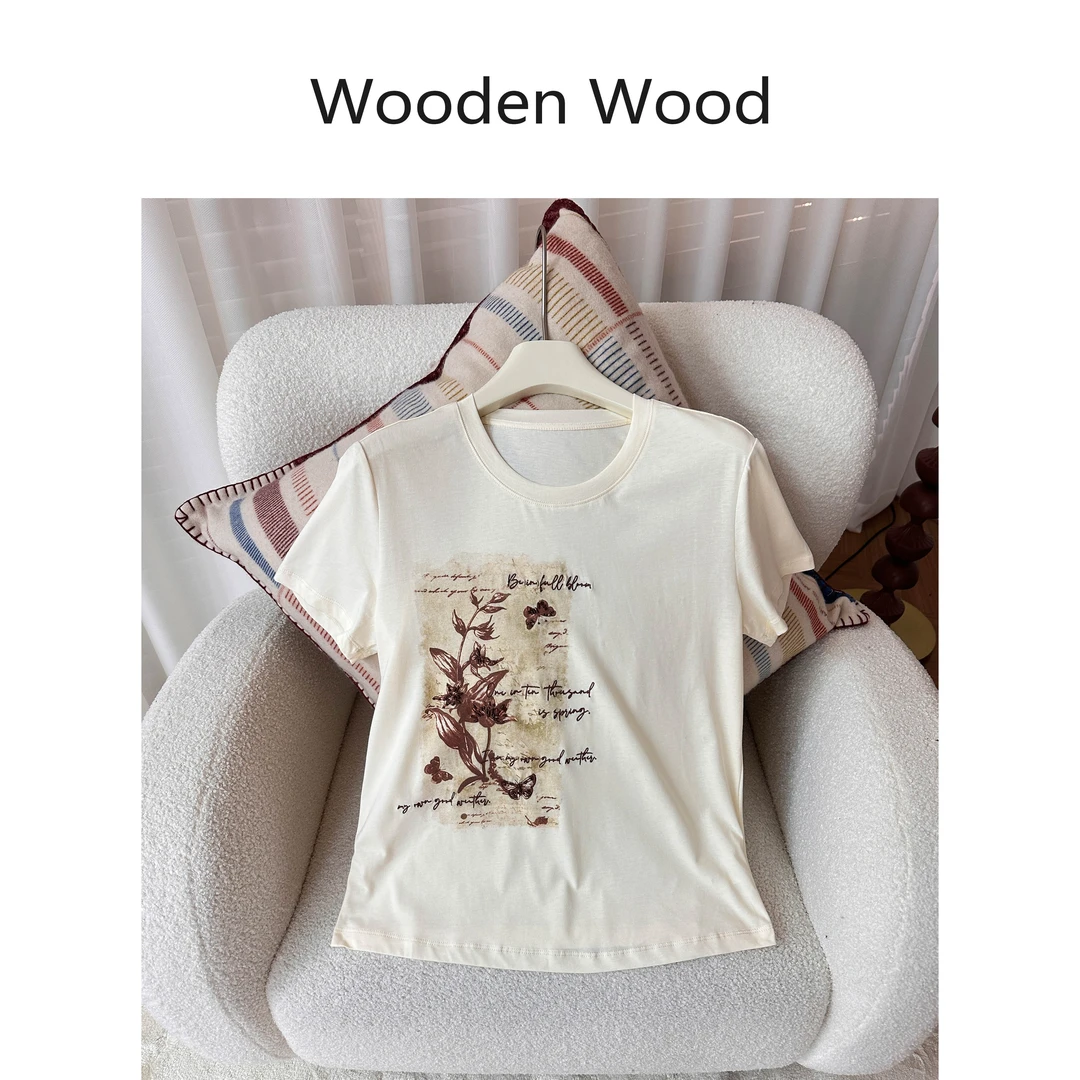 Wooden Wood“远方来信”设计感印花洋气百搭减龄出游T恤P25228