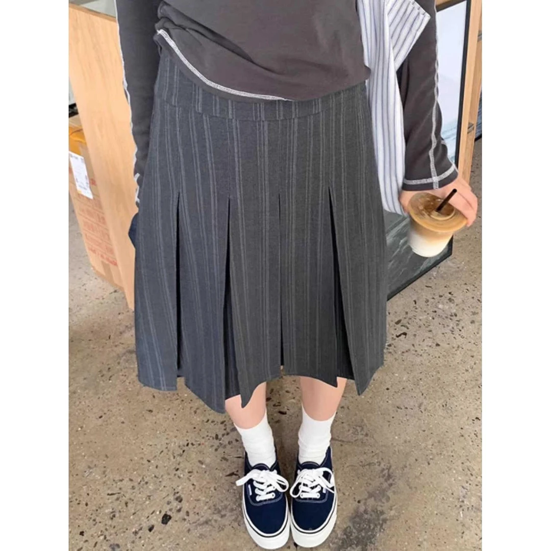 灰色条纹百褶裙女秋季大码复古质感西装半身裙设计感a字高腰中裙