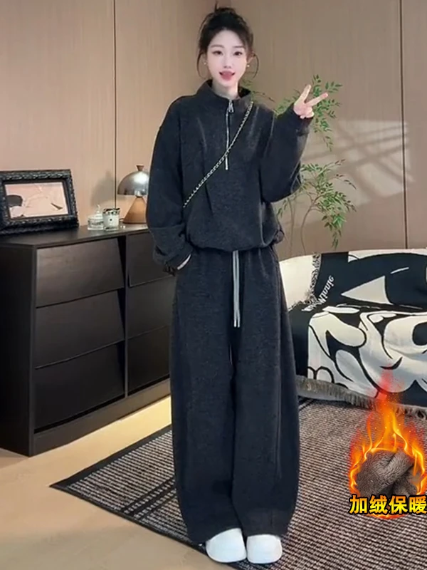 加绒加厚时尚运动套装女2025冬季洋气显瘦马甲卫衣阔腿裤两件套潮