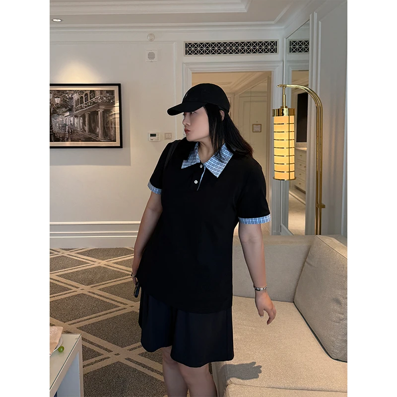 铅笔小鑫大码女装 格纹拼接 复古POLO翻领 大码显瘦T恤