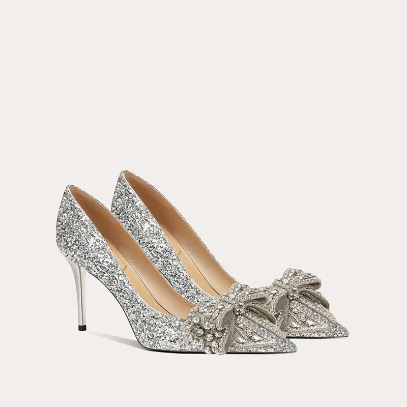 秀禾婚纱两穿婚鞋结婚订婚新款水钻结新娘鞋尖头羊皮细跟高跟鞋女