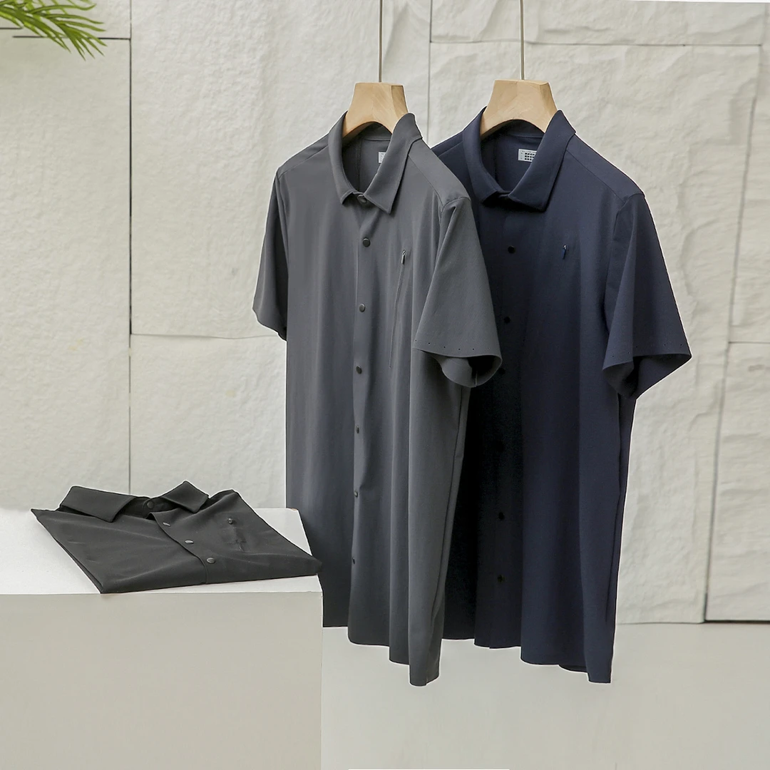 夏季男士高端商务休闲速干短袖激光切割无痕压胶衬衫J2096-