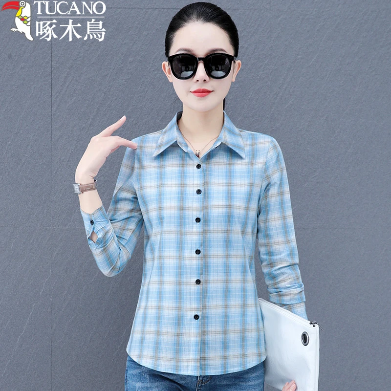 TUCANO/啄木鳥纯棉格子衬衫女长袖春秋新款显瘦百搭打底洋气衬衣