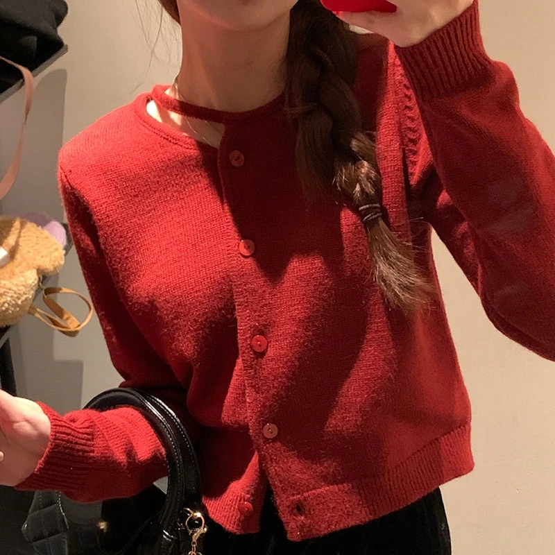 秋冬女装小香风气质外穿镂空开衫过年红色外穿打底毛衣内搭针织衫