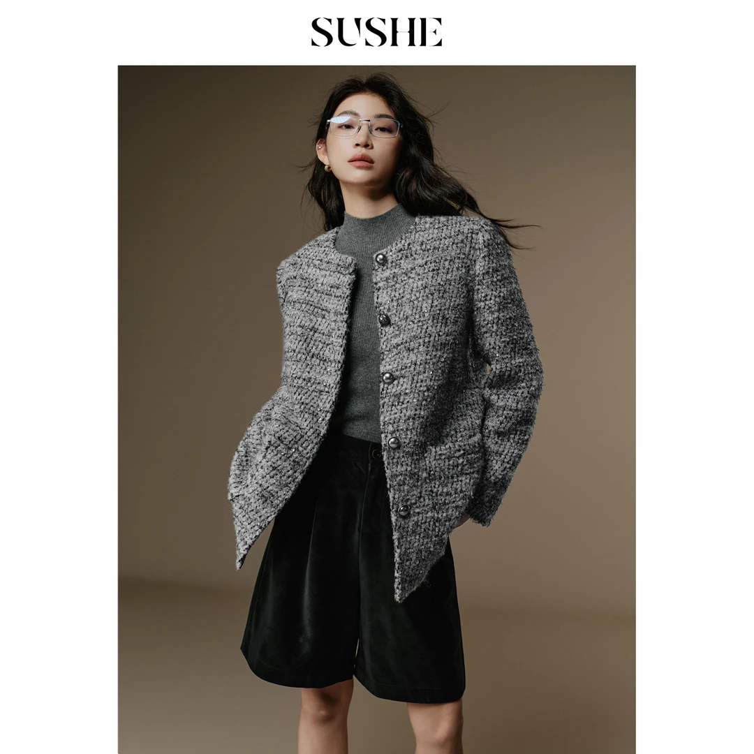 束皙SUSHE 沉星 华丽香风 重磅银丝钉珠粗花呢圆领正肩挺阔外套女
