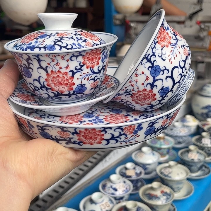 青花釉下彩盖碗杯子壶承