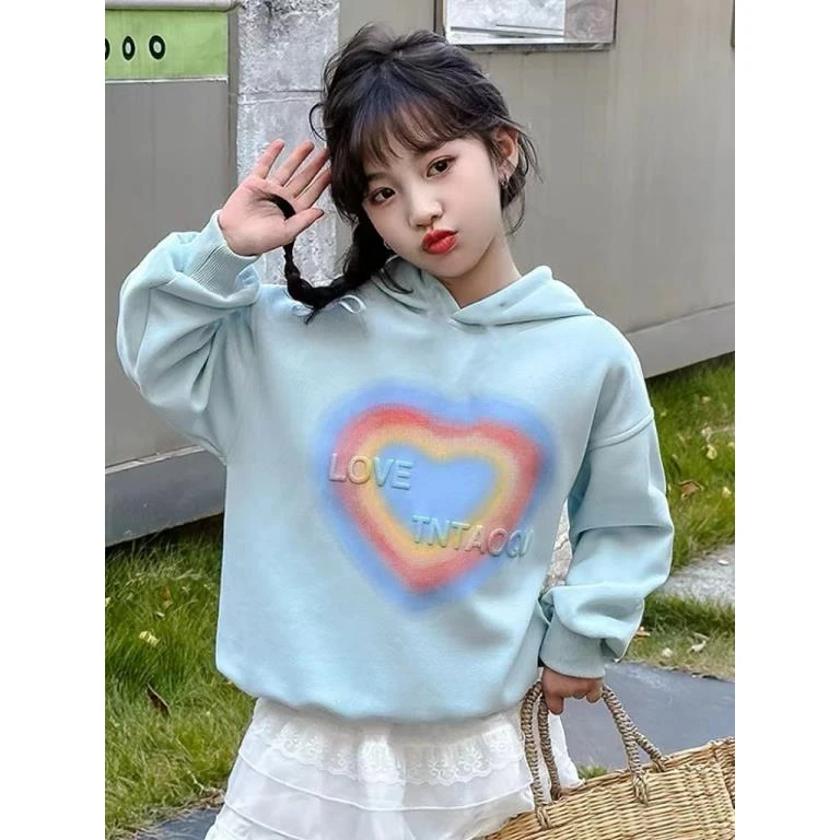 407168《现》优选秋季韩版儿童休闲舒适爱心彩虹连帽卫衣