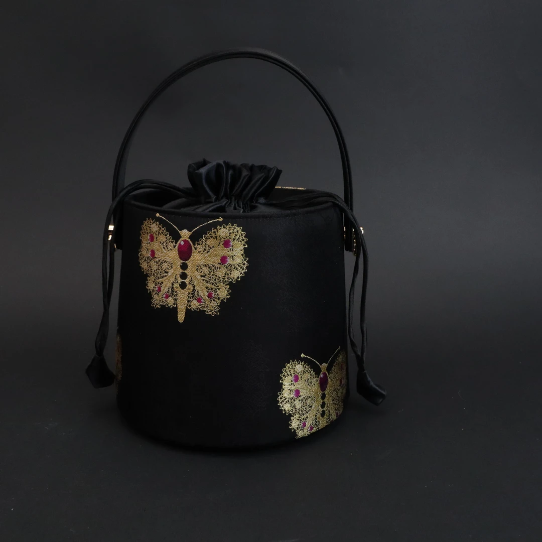 宋锦黑金蝴蝶水桶包手提包女汉服配包单肩斜挎包百搭女士包时尚