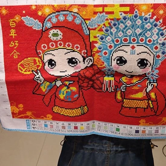 棉纯手工绣好的十字绣成品百年好合