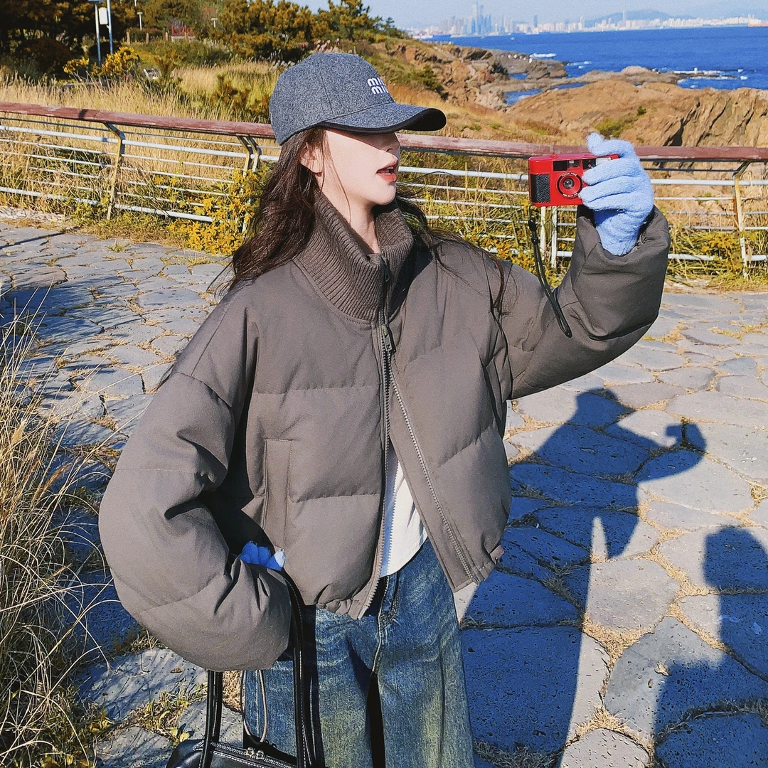 针织拼接短款羽绒服女冬季新款小个子短款高级感灰色90绒加厚外套