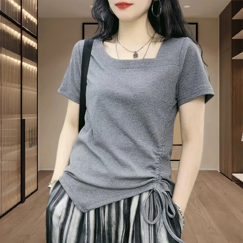 纯棉不规则抽绳短袖t恤女2025夏季新款短款小个子上衣服爆款女装