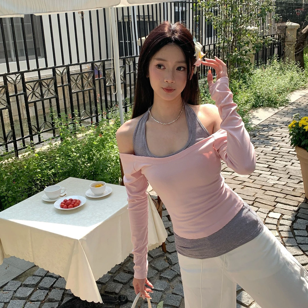QYao Girls通勤粉色韩版条纹吊带上衣长袖修身露肩挂脖背心夏季