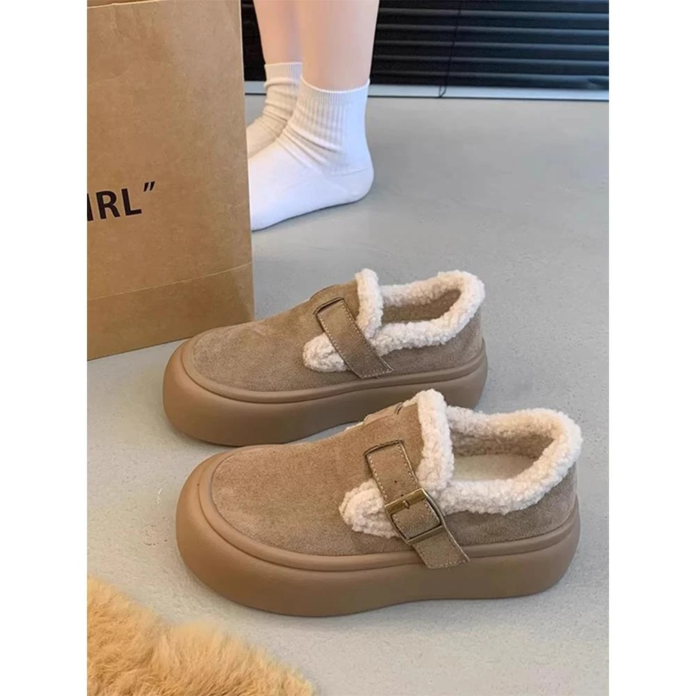 厚底勃肯鞋女2025冬冬新款加绒保暖全包雪地棉鞋一脚蹬乐福毛毛鞋
