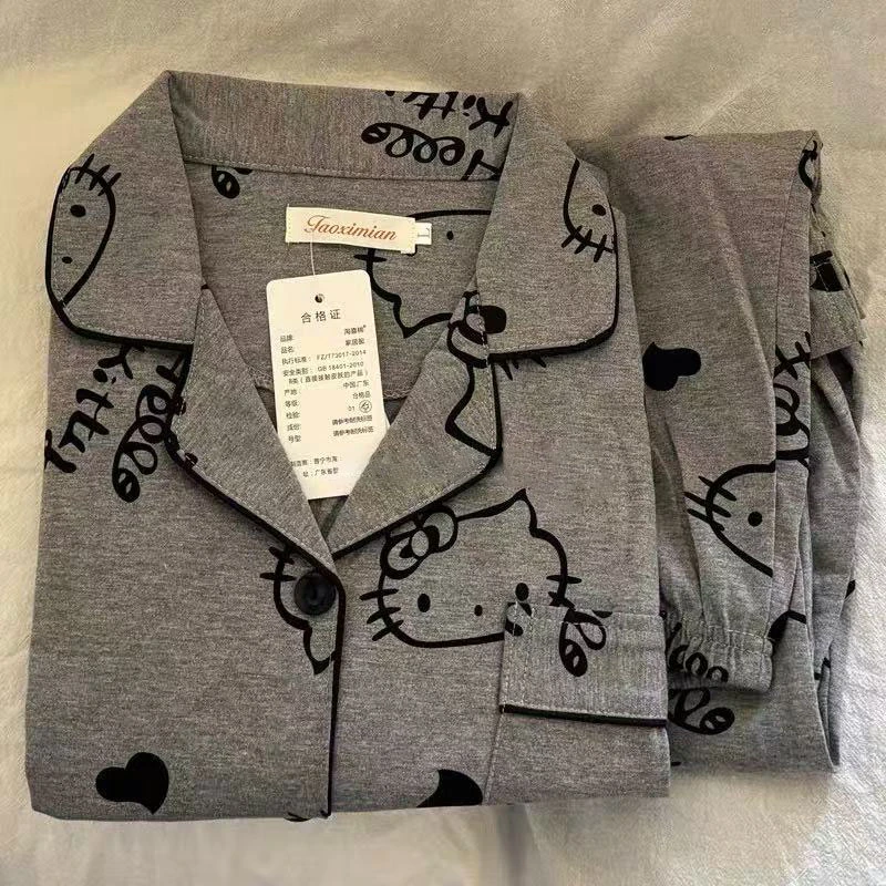 日系HelloKitty纯棉睡衣女春秋季长袖长裤学生开衫休闲可爱家居服