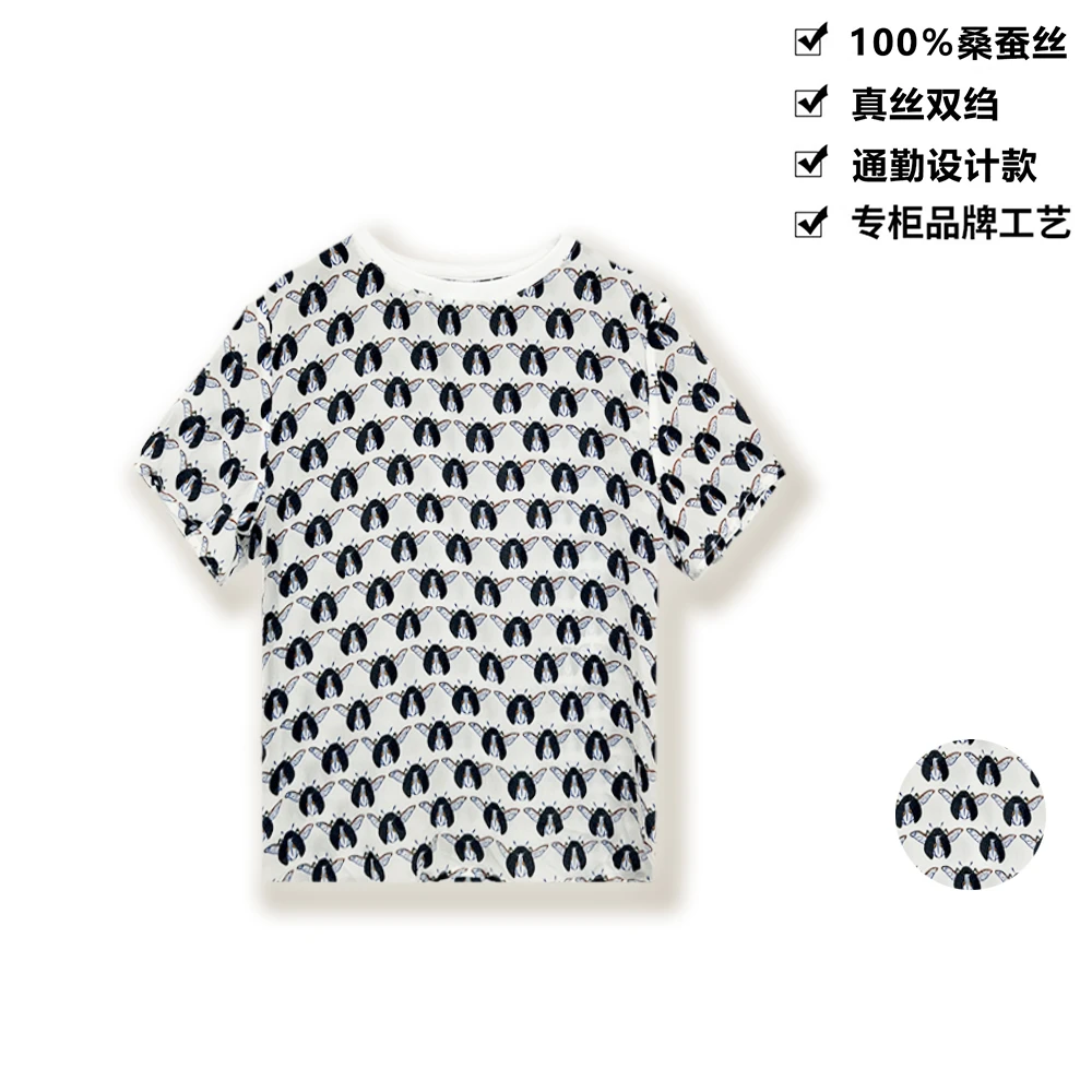 16姆米100桑蚕丝时尚创意印花短袖百搭圆领桑蚕丝T恤女上衣DXA06