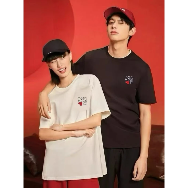 【纯棉刺绣】柔心夏季刺绣纯棉T恤短袖情侣男女同款微落肩百搭潮流