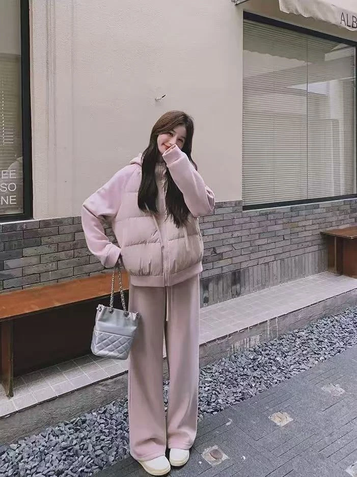 秋冬保暖简约慵懒风大码套装拼接连帽棉服直筒阔腿裤两件套480591