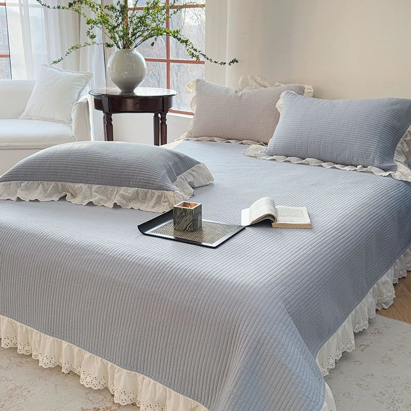 【纯棉床盖】纯色法式蕾丝花边单床盖可高温水洗