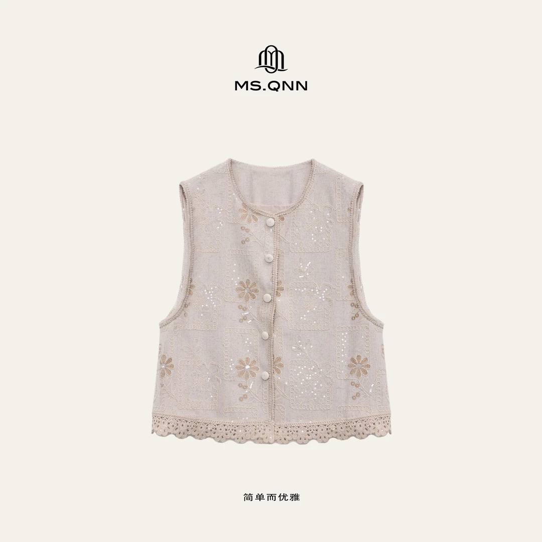 Ms.Qnn“缪斯之语”重工钉珠亚麻马甲高级感老钱风上衣 39C221 Q姐