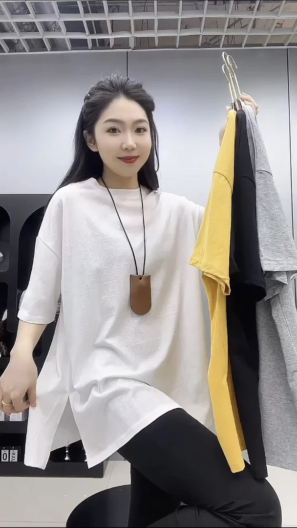 圆领开叉宽松大版纯色T恤女2025年夏季新款慵懒风显瘦上衣