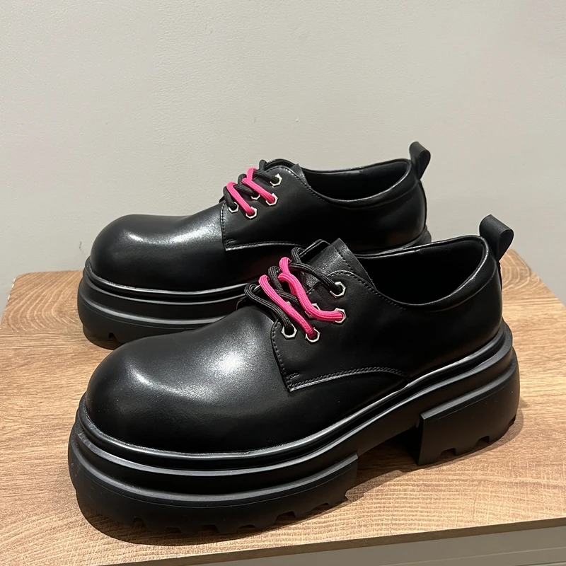 秋冬新款皮鞋男粗跟厚底增高7cm百搭英伦风系带圆头男休闲德比鞋