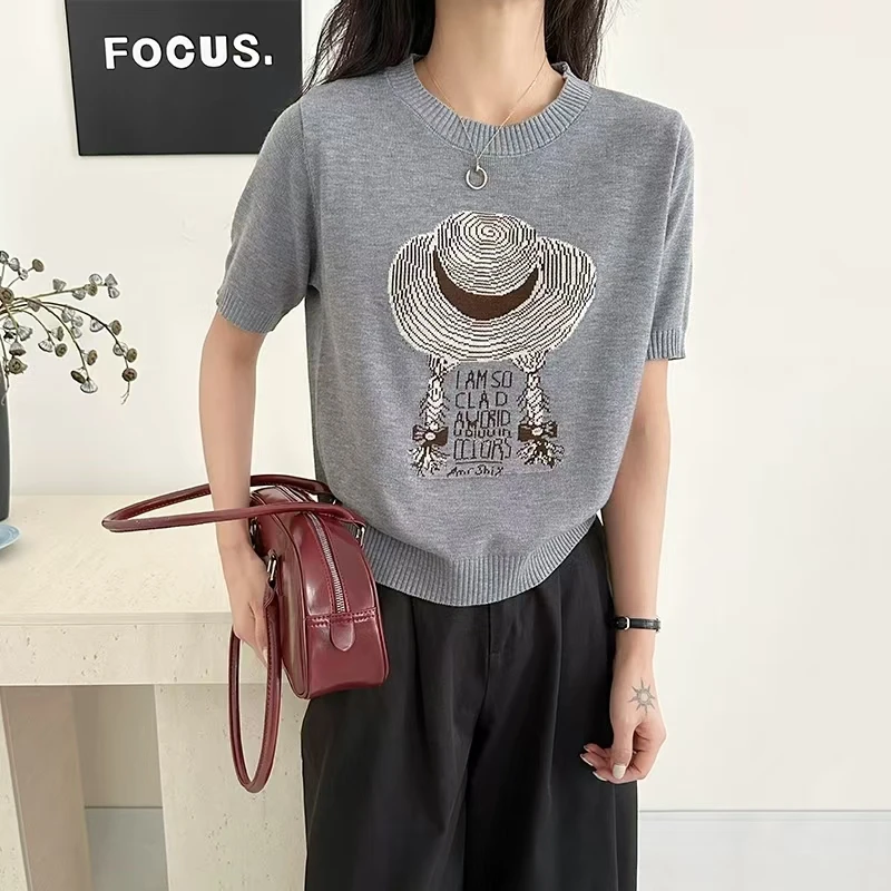 韩版设计感爆款简约气质撞色T恤女士2025夏季针织衫宽松遮肉上衣