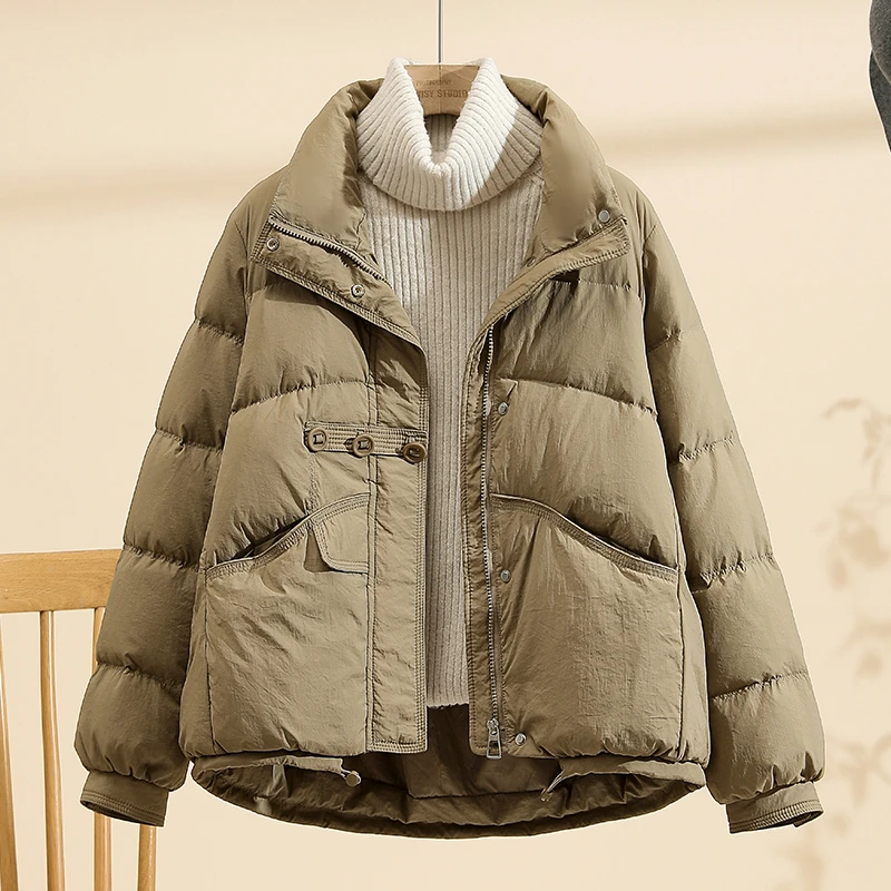 韩版短款羽绒服女立领宽松休闲百搭白鸭绒保暖简约气质潮