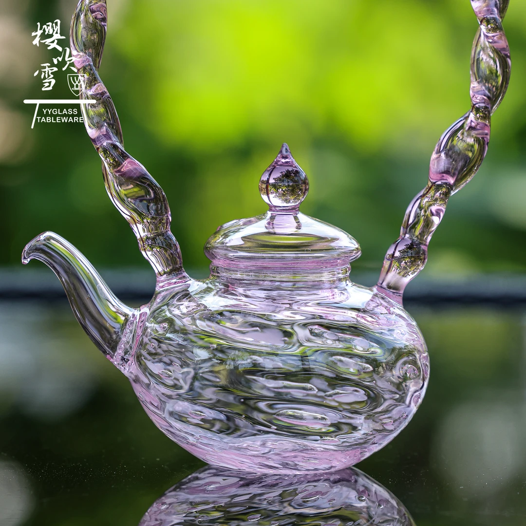 yyglass.樱吹雪系列高硼硅耐高温玻璃茶具粉色系高颜值笑樱提梁壶