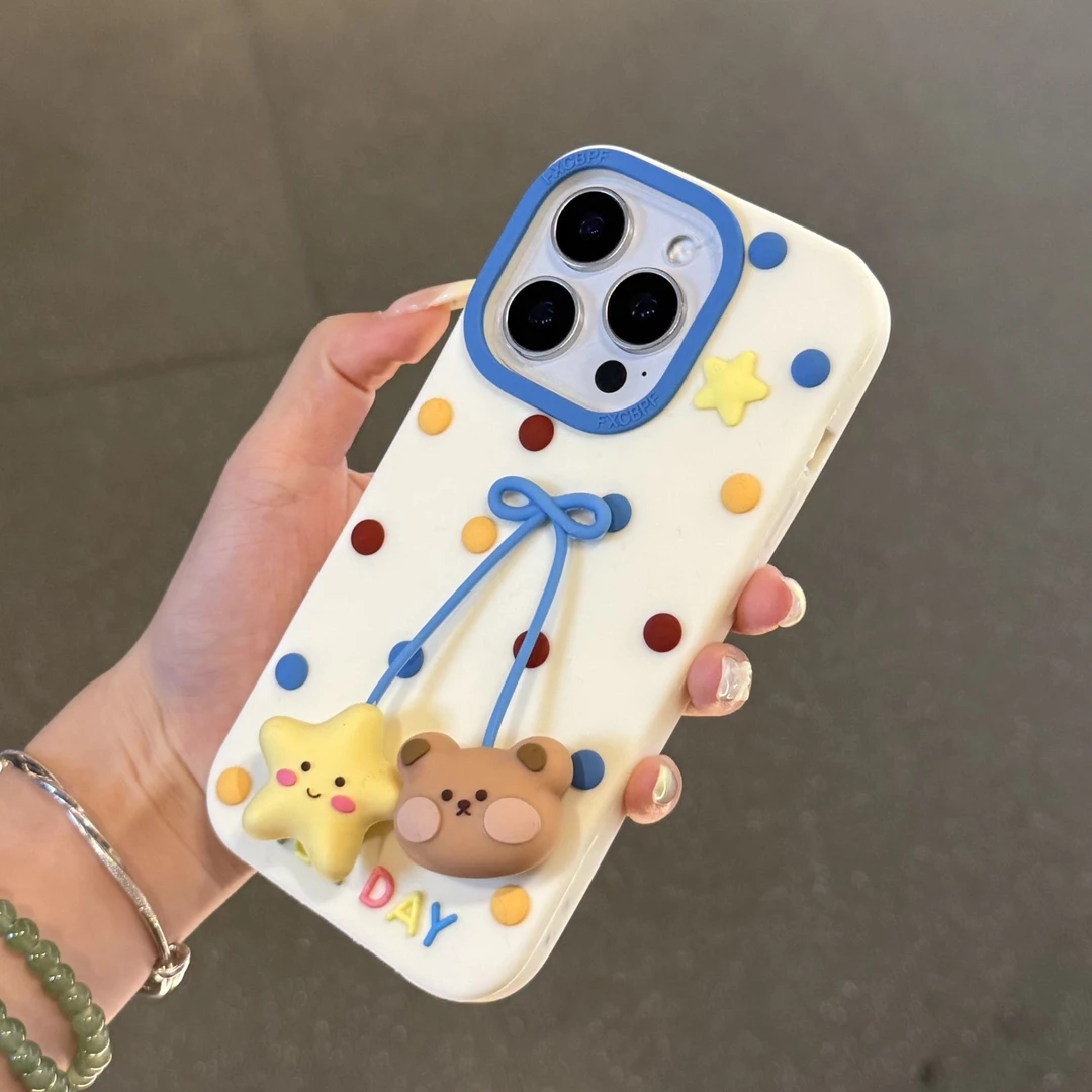 彩波点小熊星星吊坠适用苹果16promax手机壳苹果15软14防摔131211