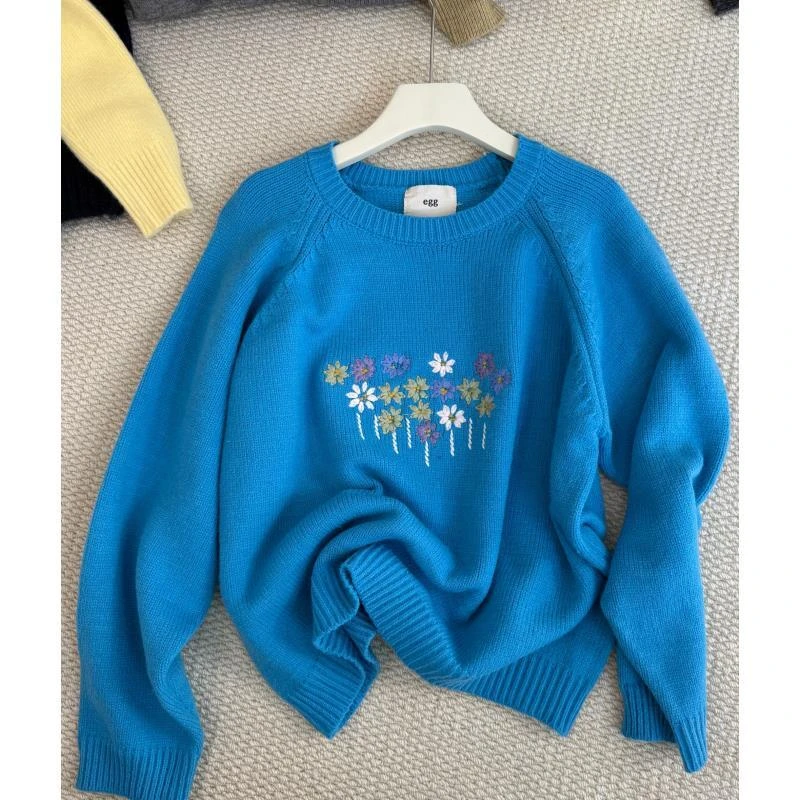 韩系温柔风减龄花朵圆领套头毛衣女秋冬软糯显瘦百搭气质上衣Q15