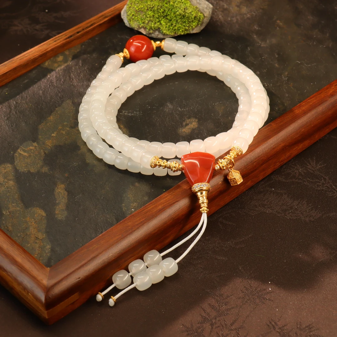 <钱玲>6-7mm老型珠白玉和田玉手串S925银