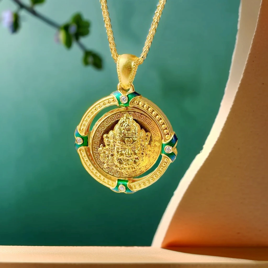 足金点钻黄财财吊坠黄金镶嵌可转动吊坠