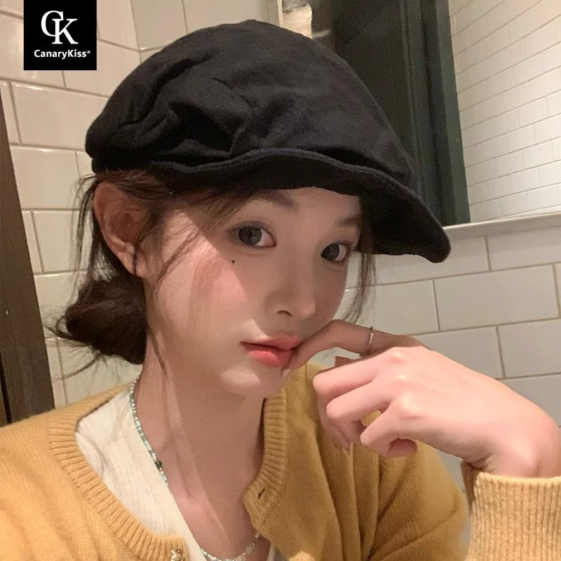 CanaryKiss棉麻贝雷帽女复古日系报童帽显脸小不对称设计八角帽秋