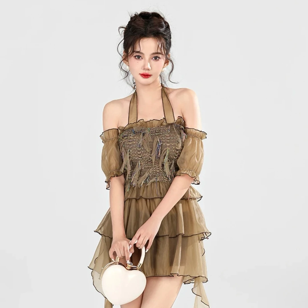 2025新款美拉德色系高端连体泳衣显瘦遮肉大码温泉度假泳衣