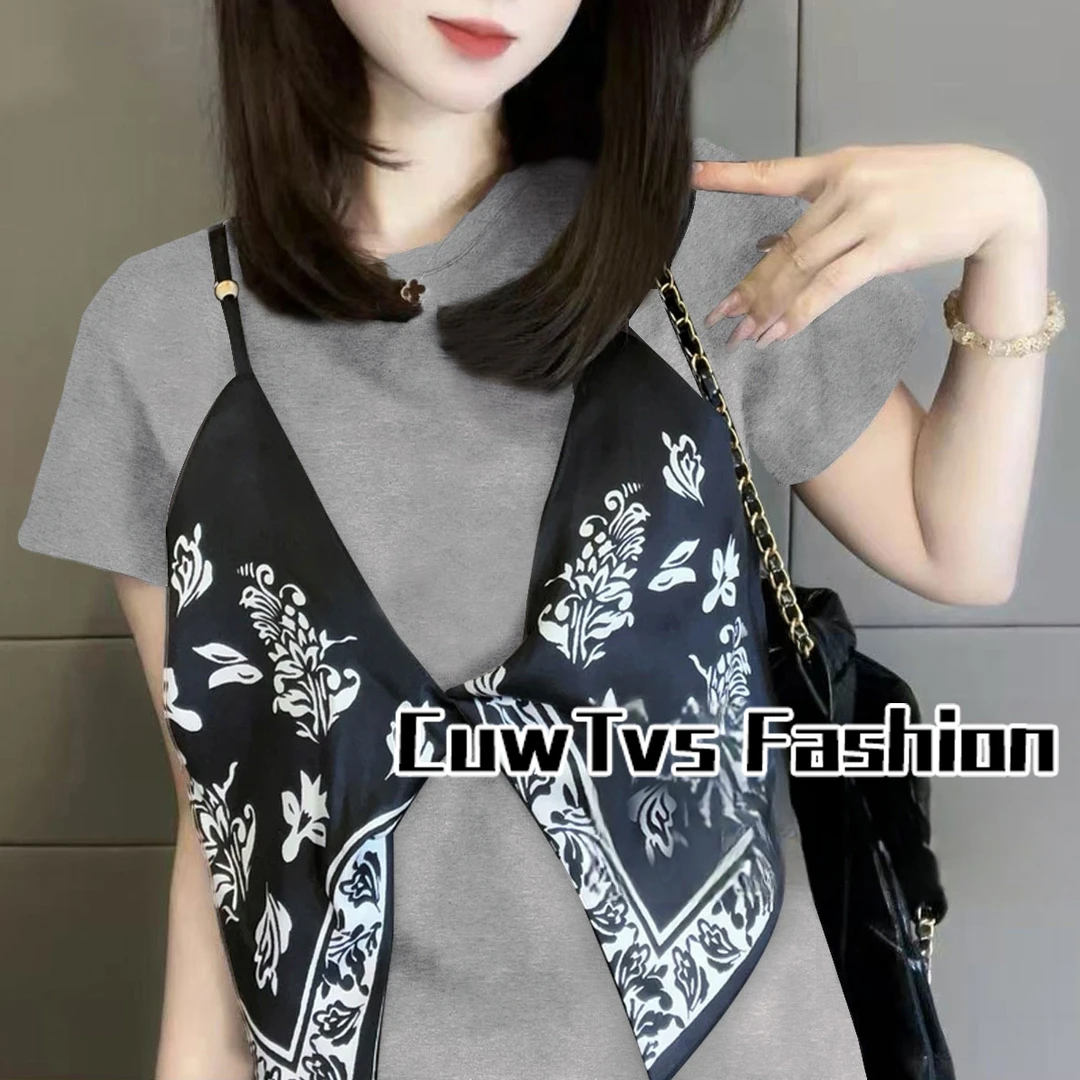 夏季2025新款重工假两件设计短袖T恤女时尚百搭洋气减龄显瘦上衣