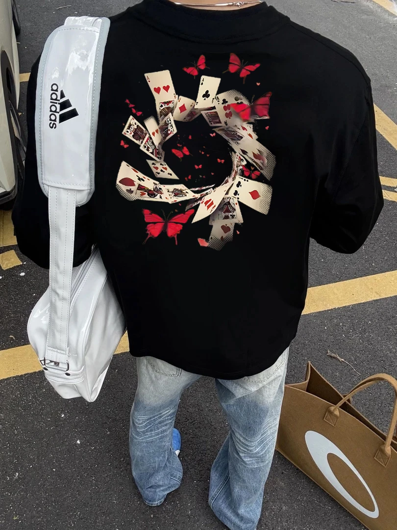 【重磅纯棉】入秋新款美式松弛感复古扑克印花潮牌港风长袖T恤