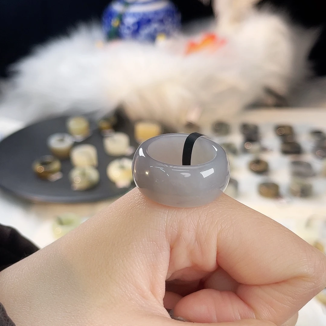 和田玉未镶嵌戒指c25烟紫墩墩17.6