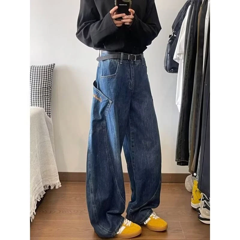 复古设计感大口袋弯刀牛仔裤男女宽松复古阔腿刺绣拖地裤潮