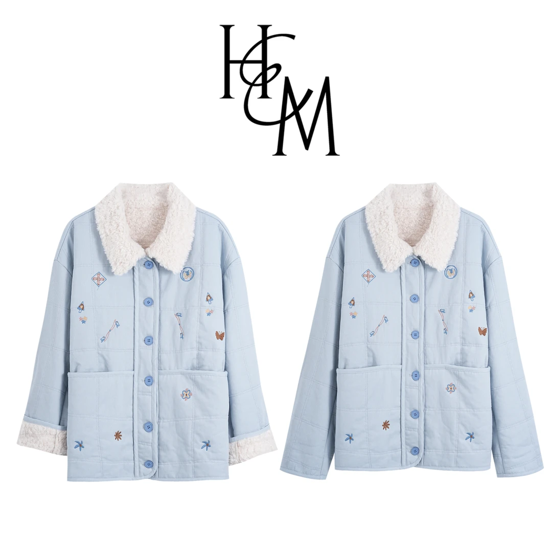 HUIERMAN/慧尔曼时尚设计师款冬季加绒加厚保暖绣花棉外套【16182】