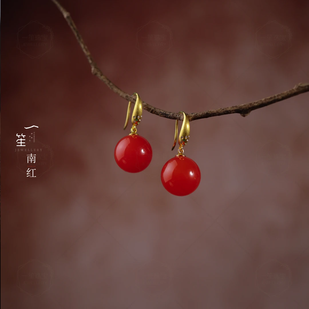 【一笙珠宝】天然南红圆珠耳钩18k金耳饰