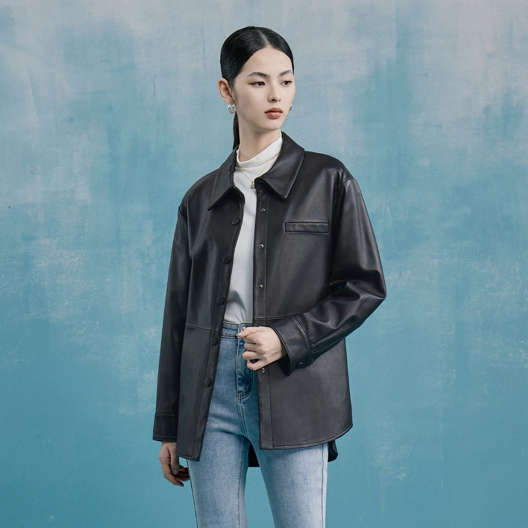 【福利专属】马天奴短款休闲宽松翻领皮衣VDS423LCH0