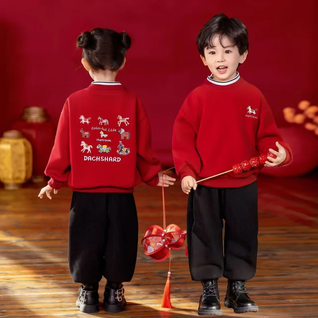 儿童拜年加绒加厚冬季红色加绒卫衣新款2026女童新年马年元旦卫衣
