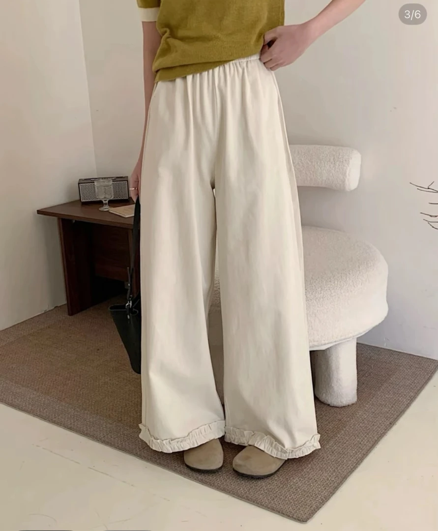 三七5816#花边裤脚松紧腰口袋长裤